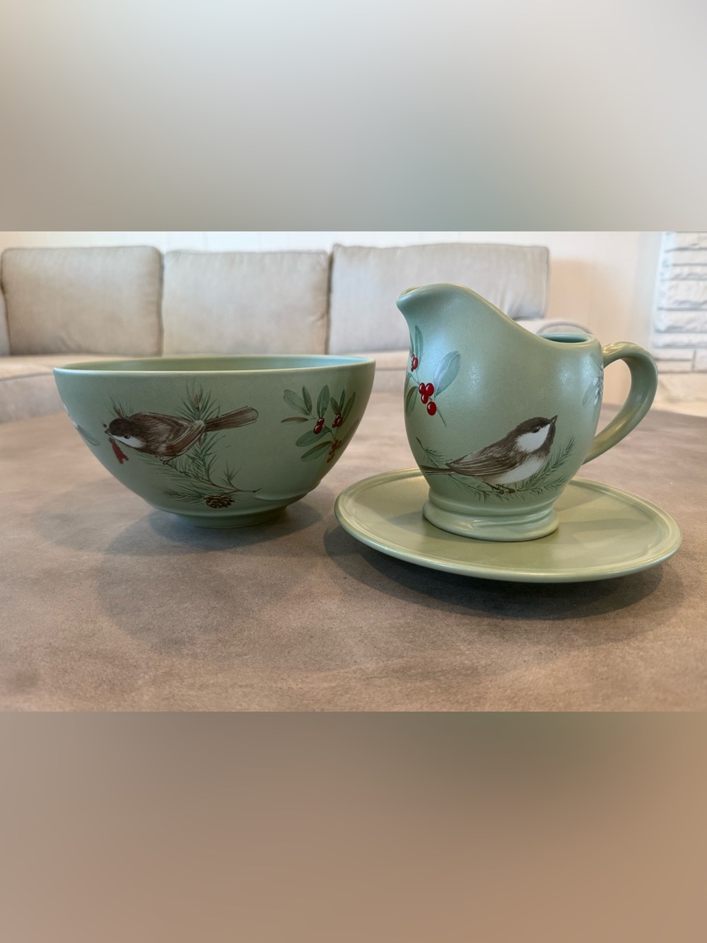Pfaltzgraff Winterwood Sage Green Bird & Berry Ceramic Bowl and Pitcher Set.